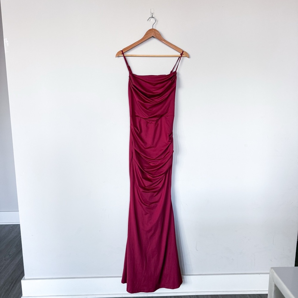 Marthea Maroon Burgandy Bridesmaid Rouched Front Maxi Formal Dress Prom